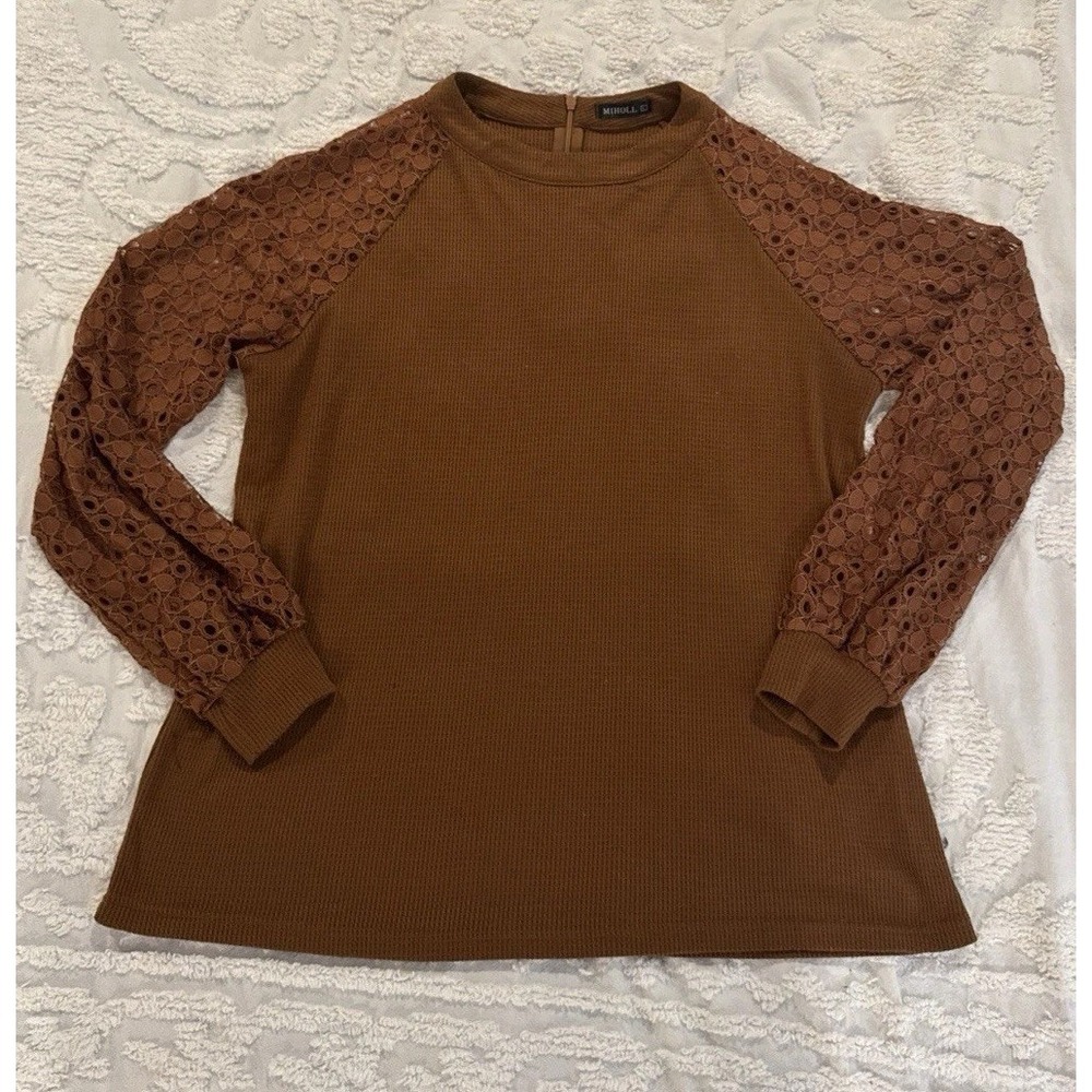 Miholl Boutique Rust Brown Thermal Lace Shoulder Top Shirt Womens Size Large